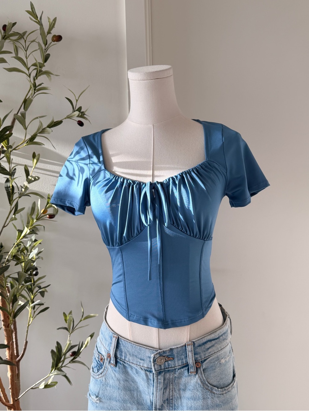 Blue Gathered Tie-Front Corset Crop Top